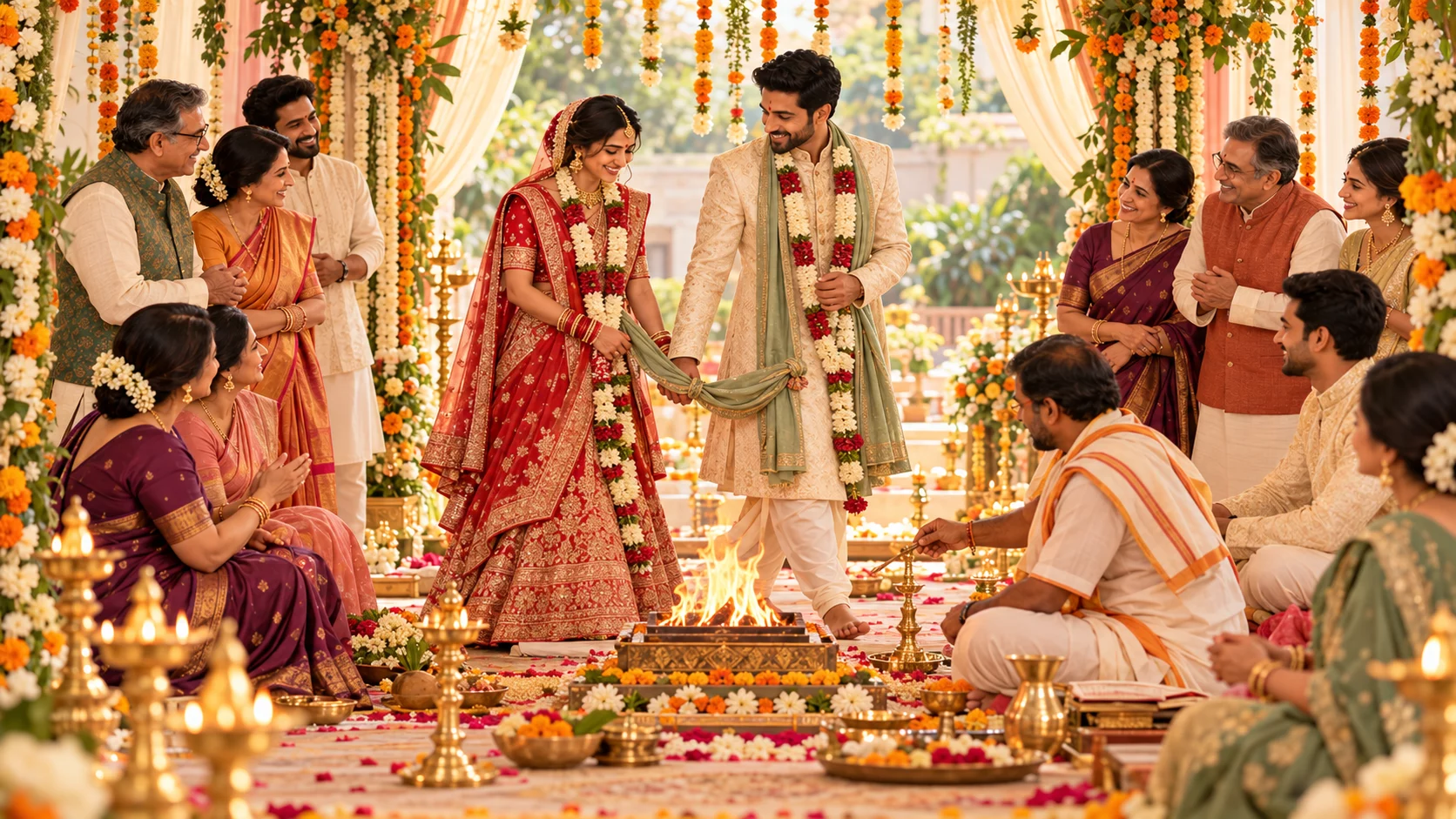 An Indian couple and both families calmly planning a wedding together with a Hindu vivaah mandap in the background
